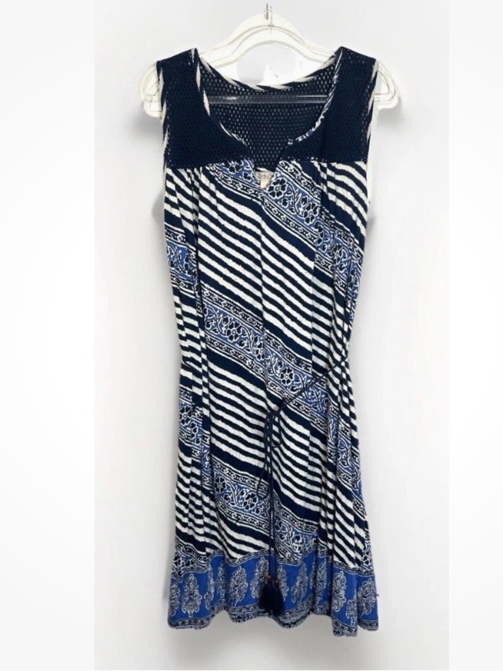 Lucky Brand Dress Women 1X Boho Midi Crochet Sleeveless Belted 100% Cotton Navy